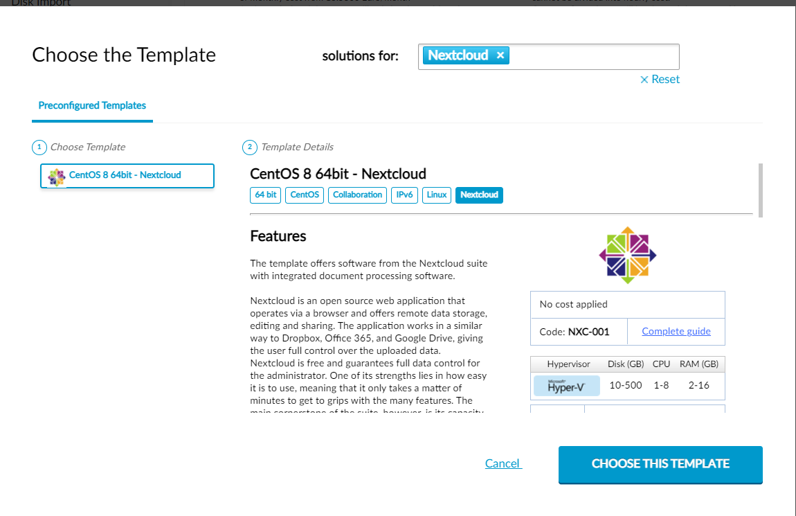 Nextcloud: scelta template